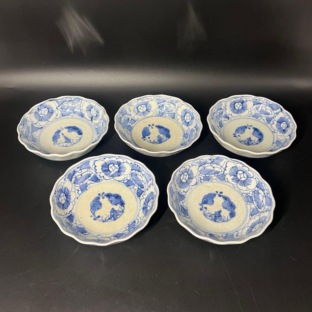 明治期 染付 松竹梅図 なます皿 5客揃 白磁 貫入◎古道具庵々