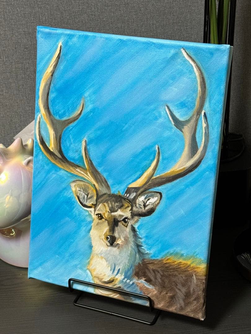 「牡鹿」　手描き　油絵　風景画　原画　動物