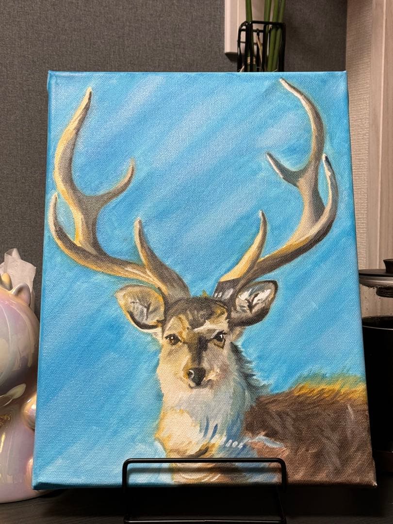 「牡鹿」　手描き　油絵　風景画　原画　動物