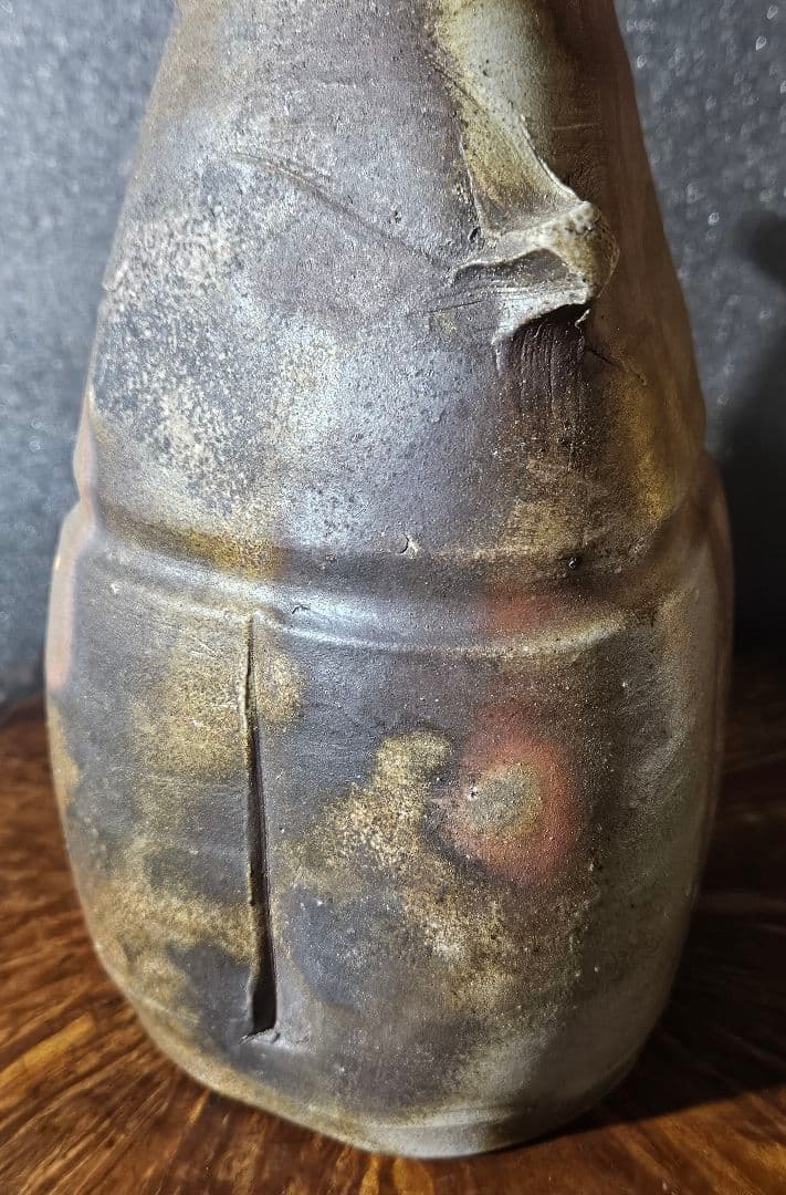 県重要無形文化財保持者　松井興之 造　備前花入　共箱　共布　陶歴書　茶道具茶器