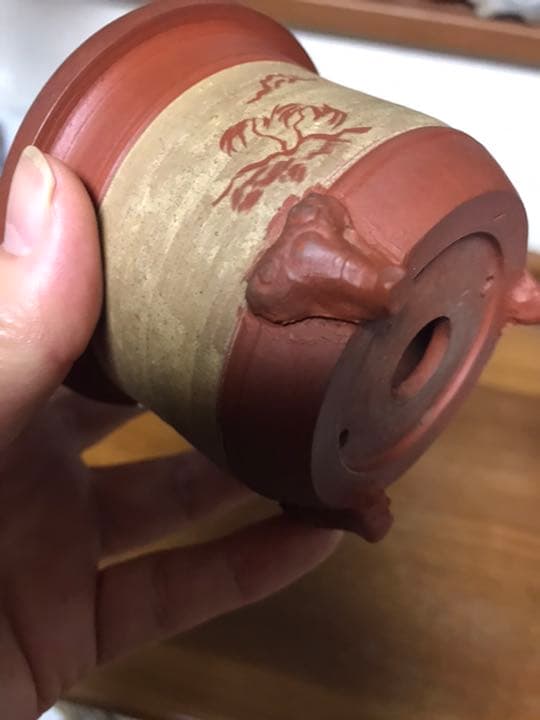 盆栽鉢　時代ミニ盆栽鉢常滑名工泥珠3つ足釘彫山水画朱泥ミニ盆栽鉢