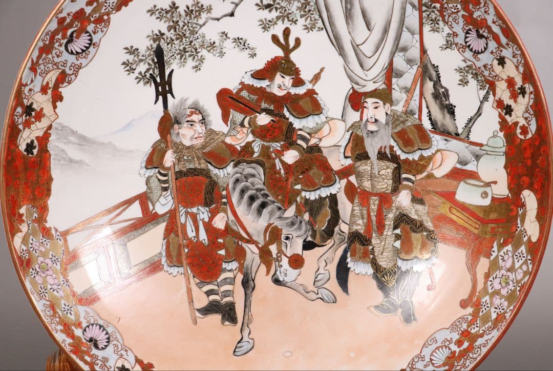 明治期 九谷焼 武者絵 飾大皿 45.2cm 於九谷高田画【MA212】