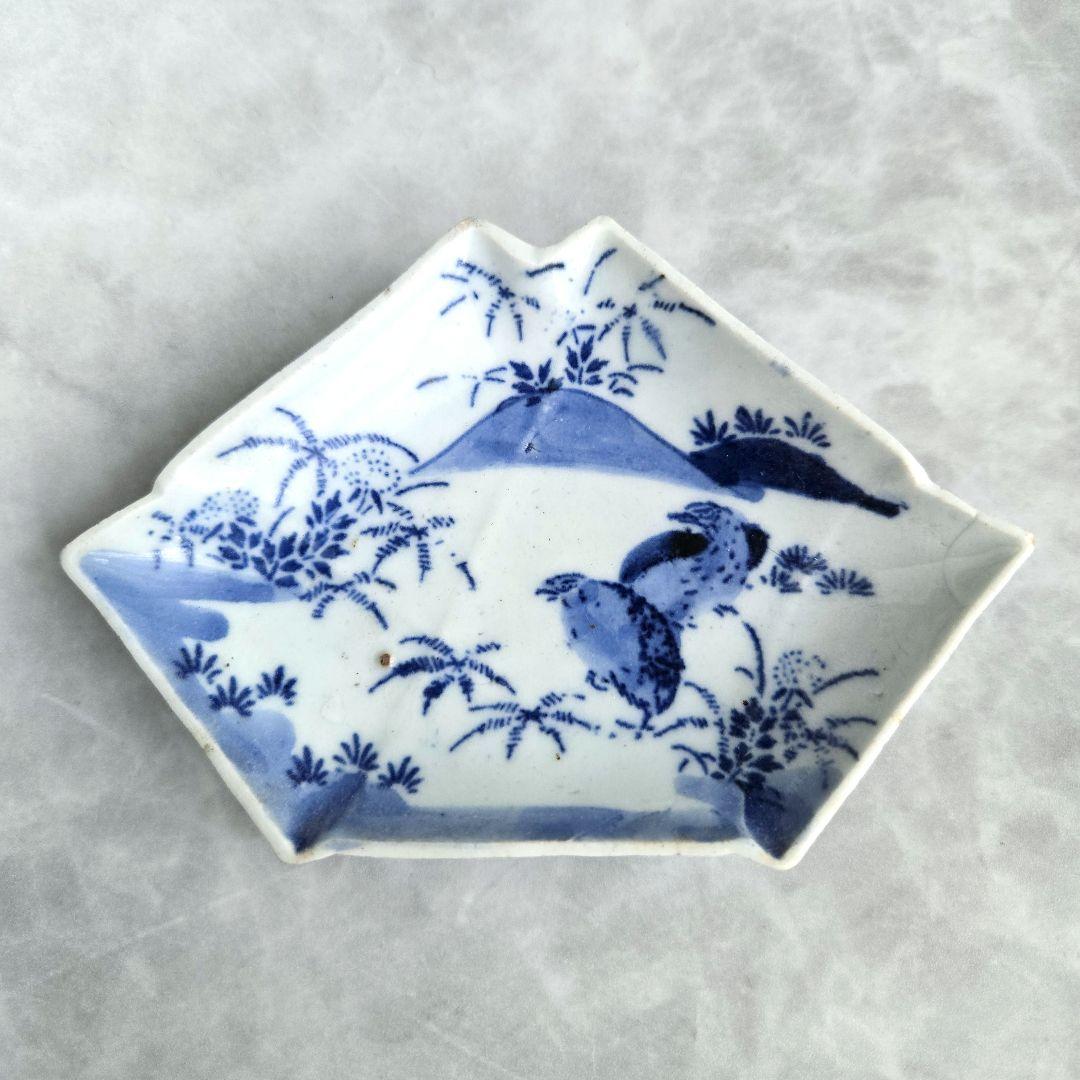 古伊万里　染付小皿　型紙摺　印判　鶉　上手　型物　骨董品　アンティーク　金継ぎ