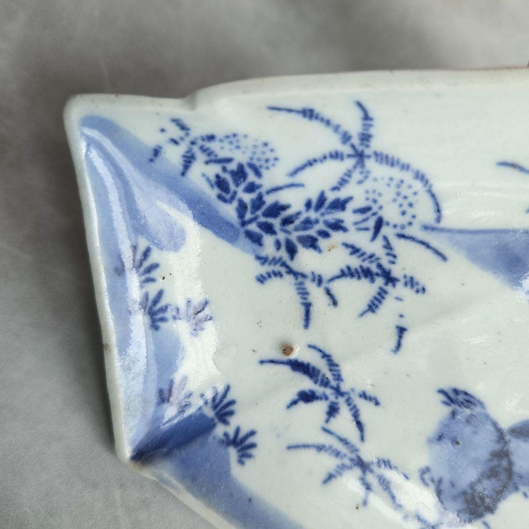 古伊万里　染付小皿　型紙摺　印判　鶉　上手　型物　骨董品　アンティーク　金継ぎ