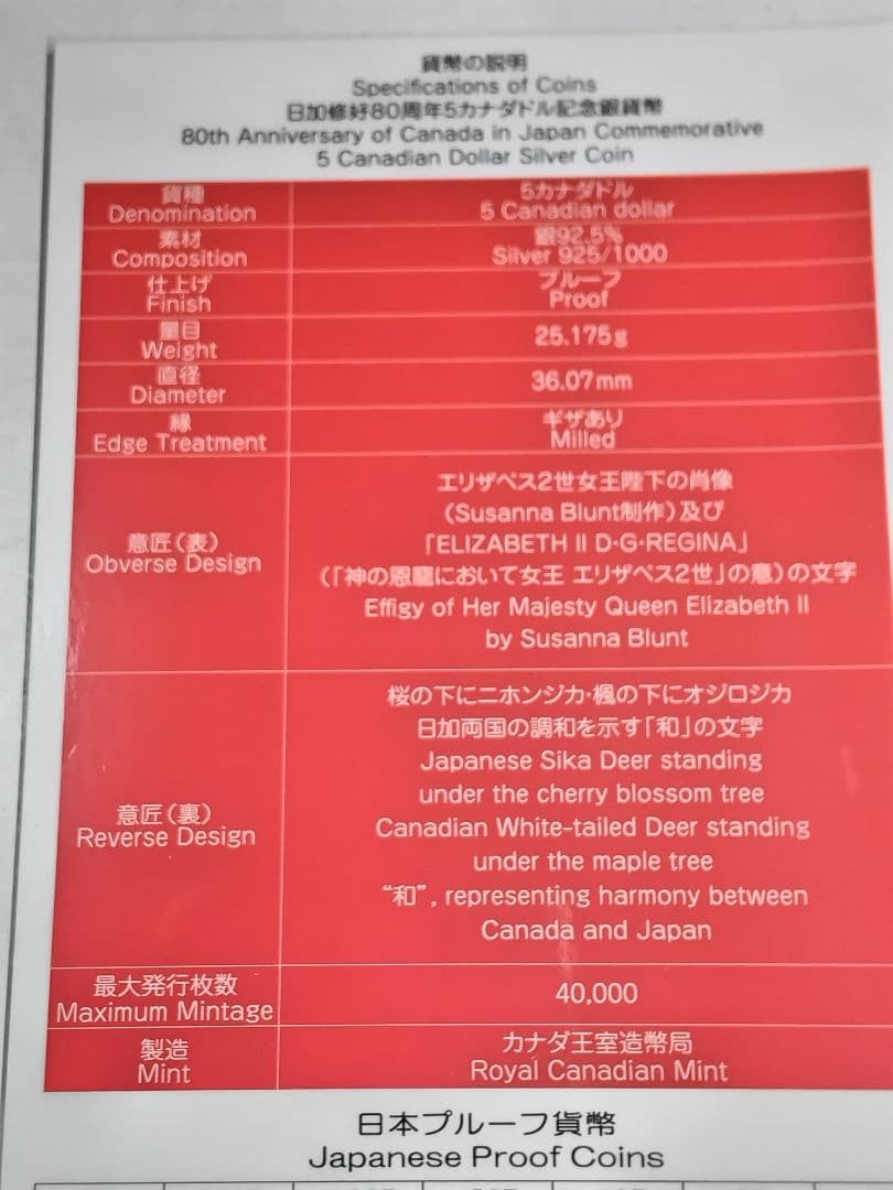 hab024 カナダ 5ドル 銀貨 1929-2009年日加修好80年