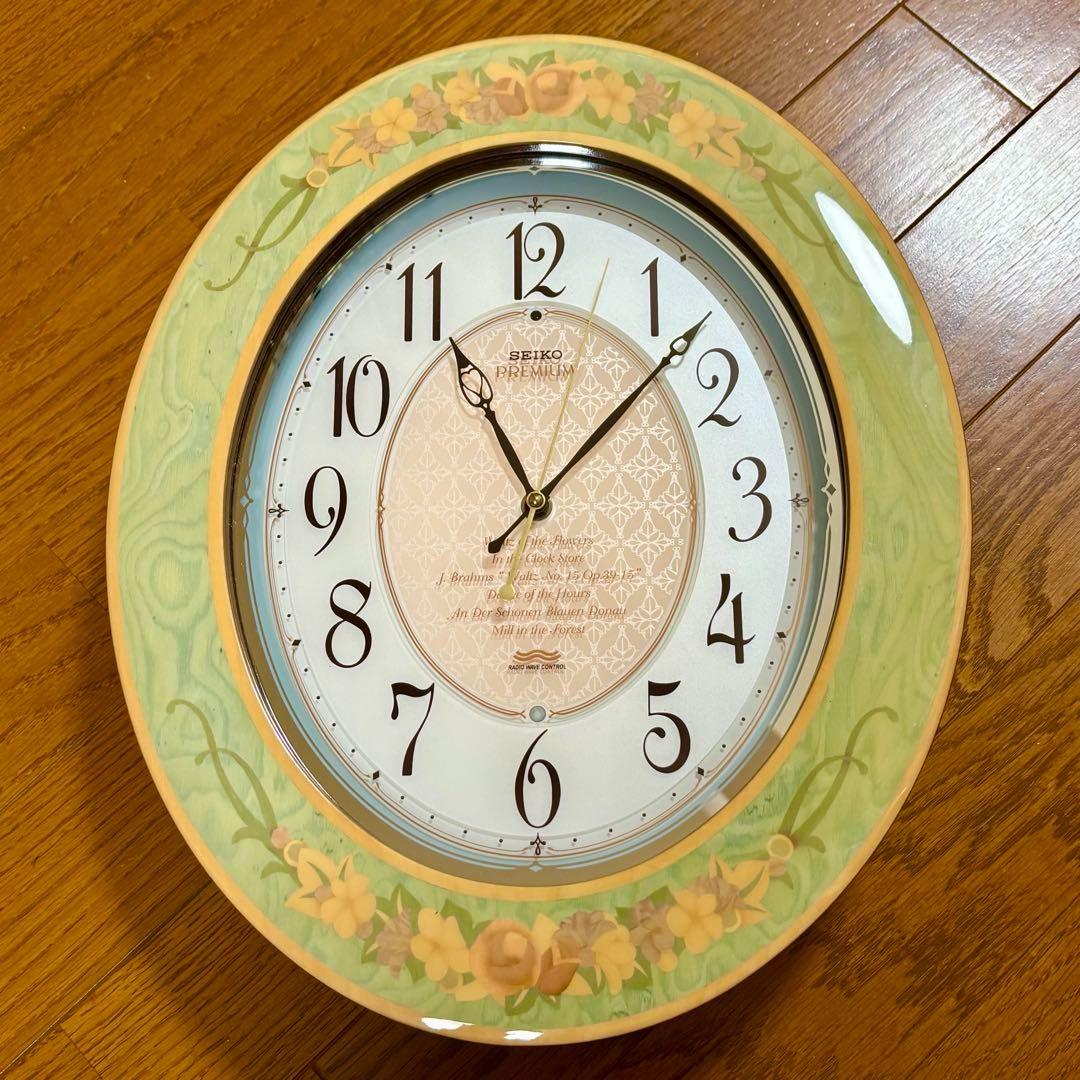 SEIKO PREMIUM 電波掛け時計 木象嵌 花柄 メロディ EMBLEM