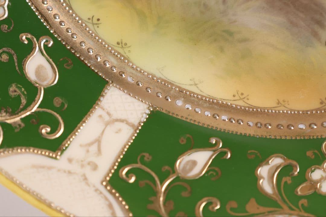 【CM298】オールドノリタケ 鹿 皿 プレート 金彩 盛上 緑 グリーン 明治