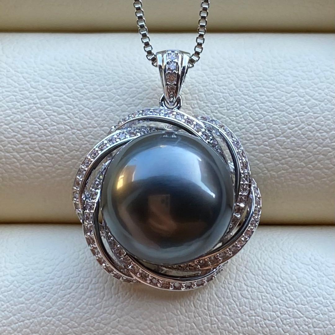 本真珠　南洋黒蝶真珠ネックレストップ　13mmダークグリーンPT884