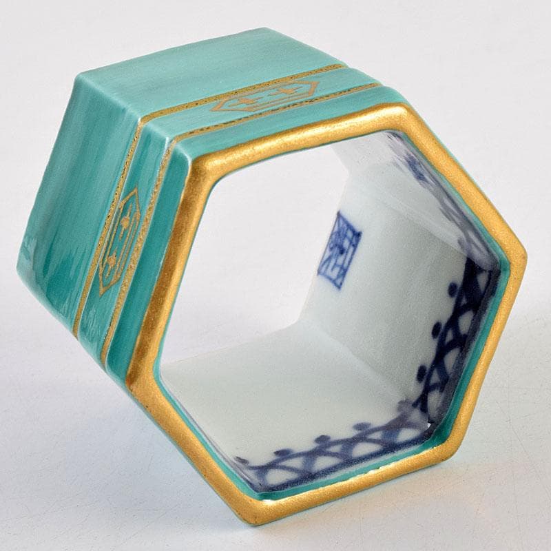 茶道具　古余呂技窯　川瀬竹春作　緑地金彩　六角蓋置　共布共箱　Z　8907