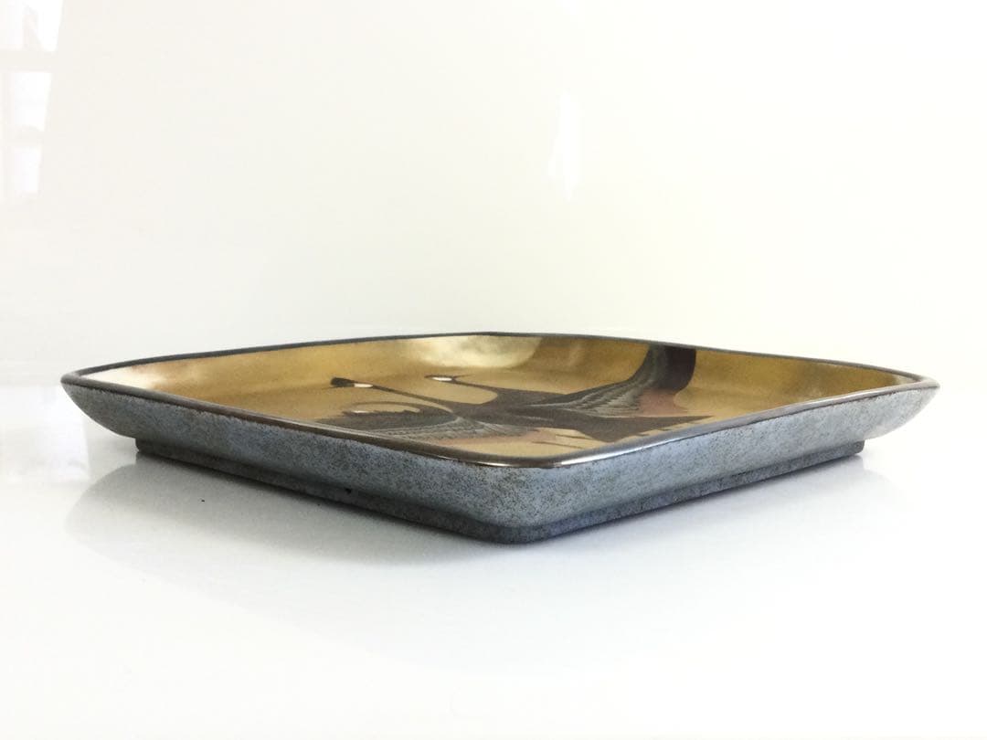 宝漆陶 大仲翠月作 金彩鳥絵四方皿 供箱 M