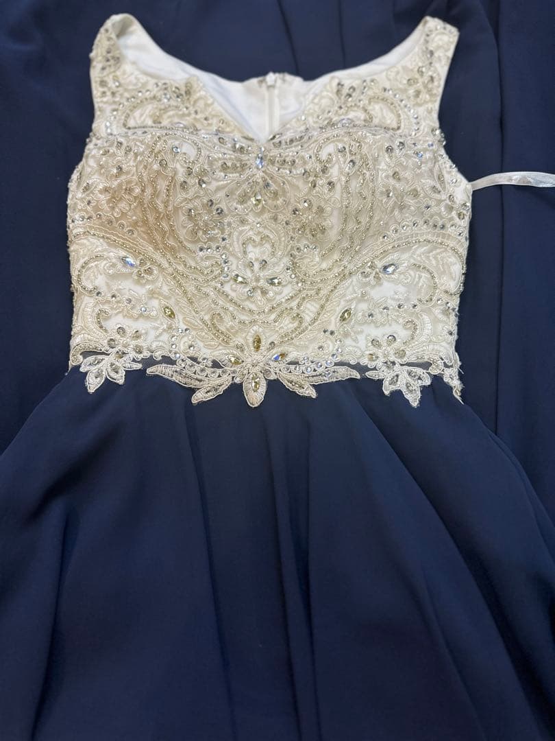 ネイビー ビーズ刺繍Aラインロングドレス