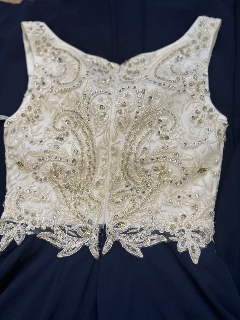 ネイビー ビーズ刺繍Aラインロングドレス