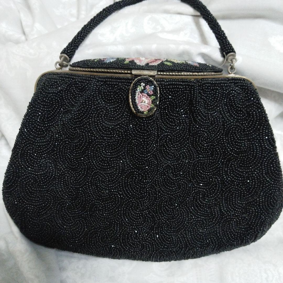 中古　レトロ　ビーズ　バック　インテリア　鏡有　ビーズ解れ有　クラッチ　タイプ