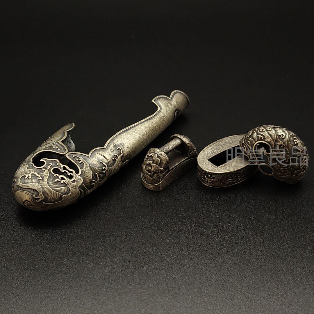 年末セール　柄鞘一式金具　縁頭　栗形　鐺　海波の図　突兵拵　銅製　日本刀装具