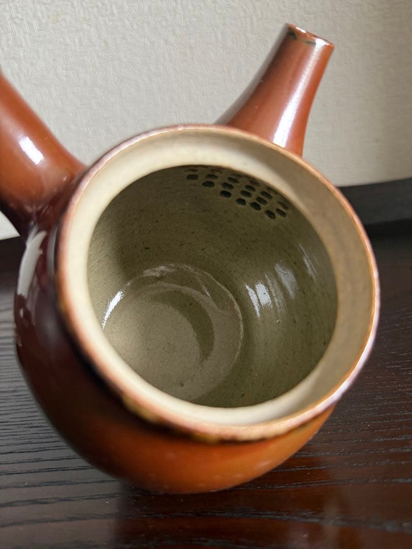 民藝 古作 益子焼 柿釉 抜絵 茶器揃 急須 湯呑み4客 古民藝 民芸