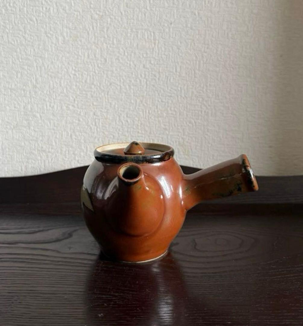 民藝 古作 益子焼 柿釉 抜絵 茶器揃 急須 湯呑み4客 古民藝 民芸