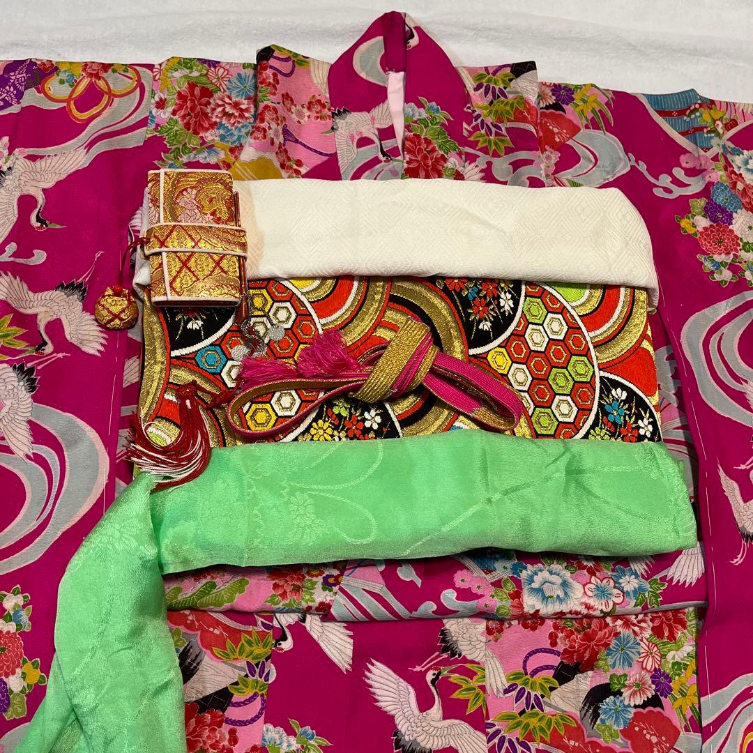 七五三　7歳　ハーフ成人式　アンティーク　ピンク　総柄　大正ロマン　着物セット