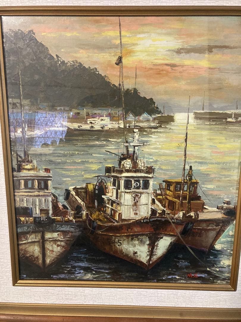 絵画　港　船　海