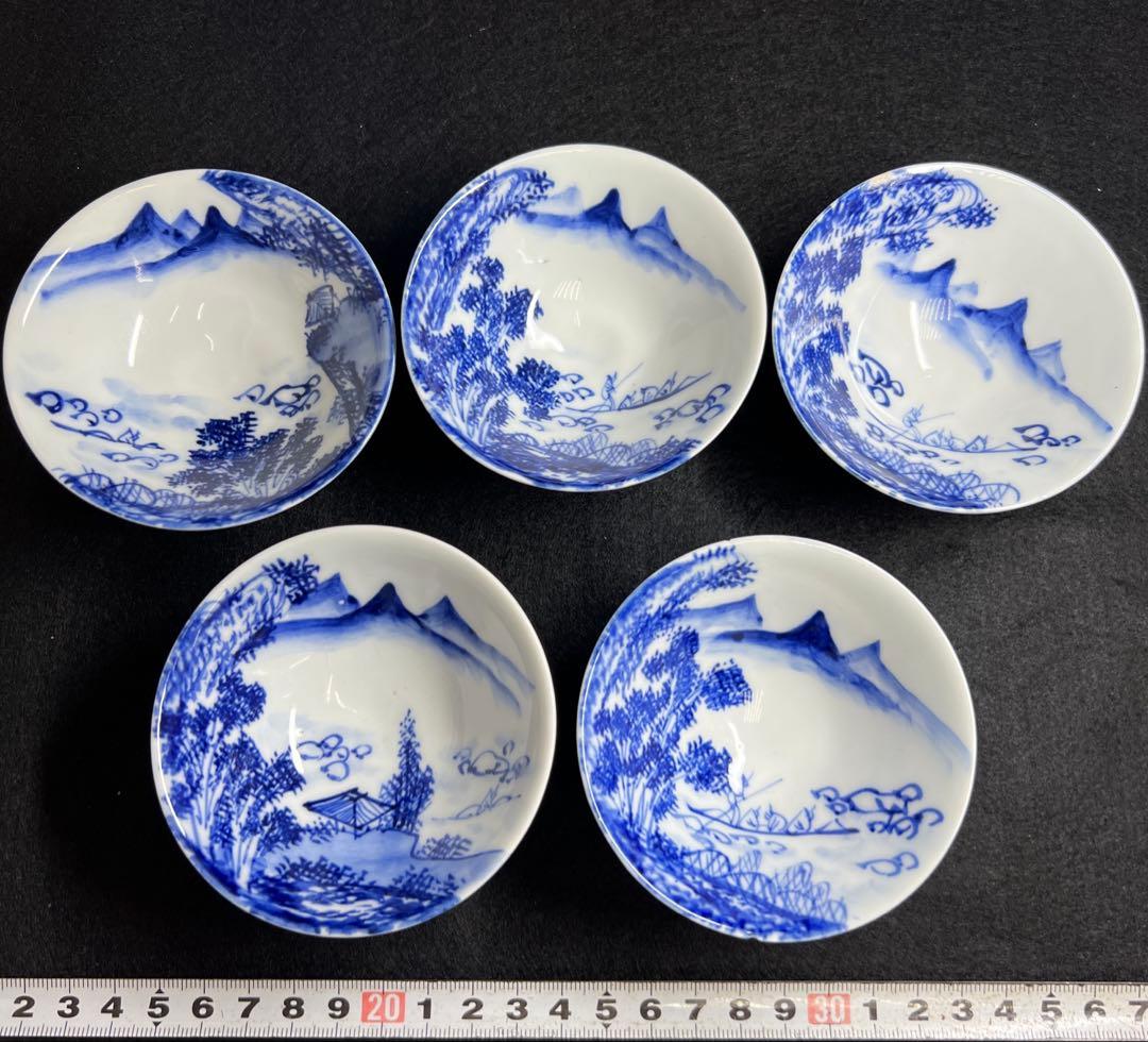 京焼　名工　原平造　染付山水画煎茶碗5客　木箱付　東Y8-0105☆2Fトトカ