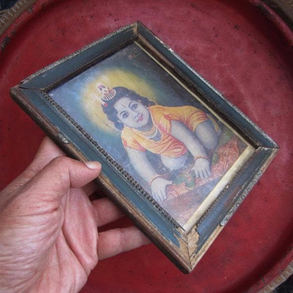 インドの古い宗教絵画　額装　ベビークリシュナ　アンティーク