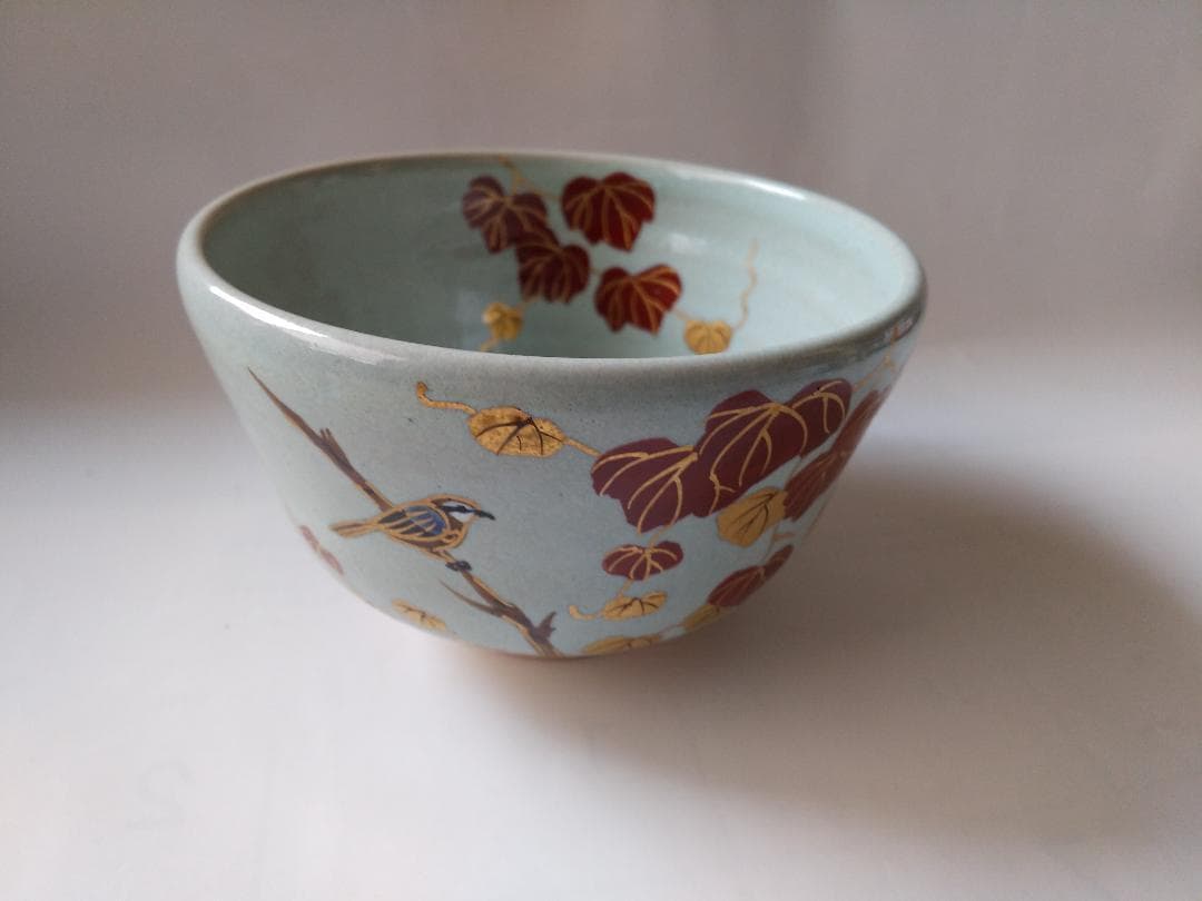 橋本紫雲 平安紫雲 色絵 失透釉 蔦ニ百舌文 茶碗 共箱 共布 茶道具 新品