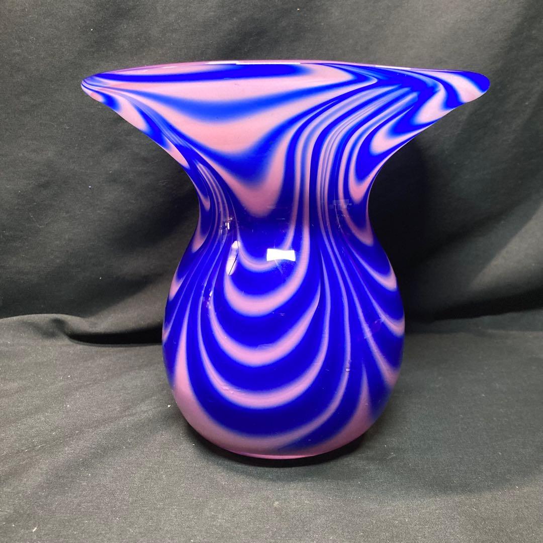 【美品】花瓶 ガラス工芸 ブルー マーブルガラス enrai