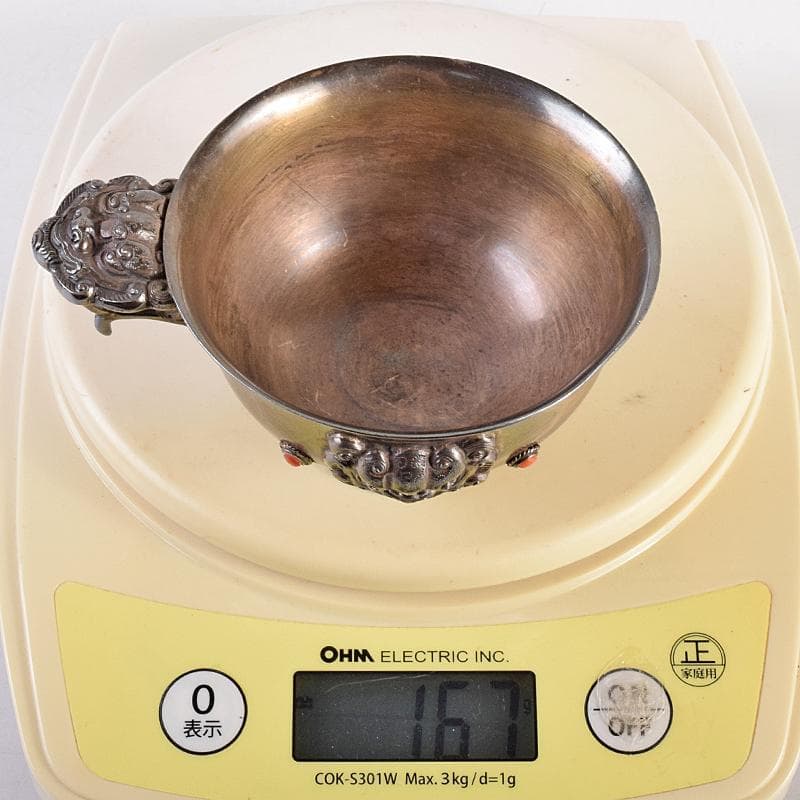 中国　白銅　神獣刻　玉石装飾　取手付杯　約167g　M　R8495