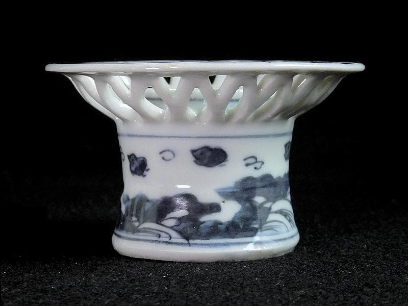 古伊万里　染付　透かし　波千鳥の図　盃台　D195AS-fbhb