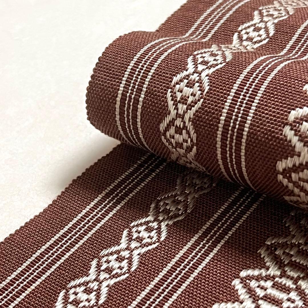 単衣 半幅帯 本場筑前博多織 献上柄 茶色 PO-3237