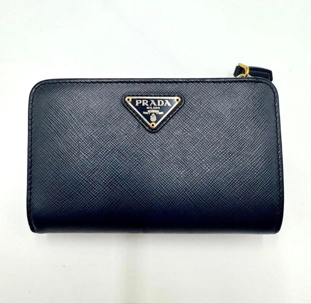 【美品】プラダ サフィアーノレザー ロゴプレート 二つ折り財布