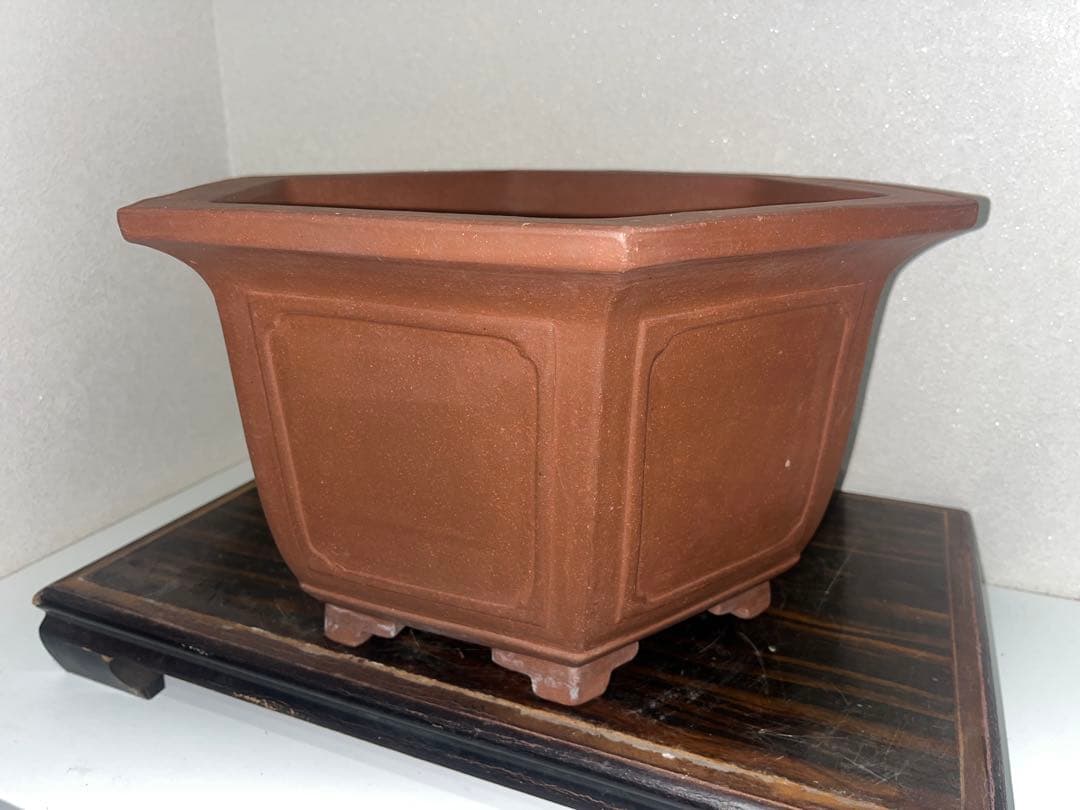 希少！！大型　朱泥六角切脚額入懸崖鉢　ラン鉢　正方　盆栽鉢