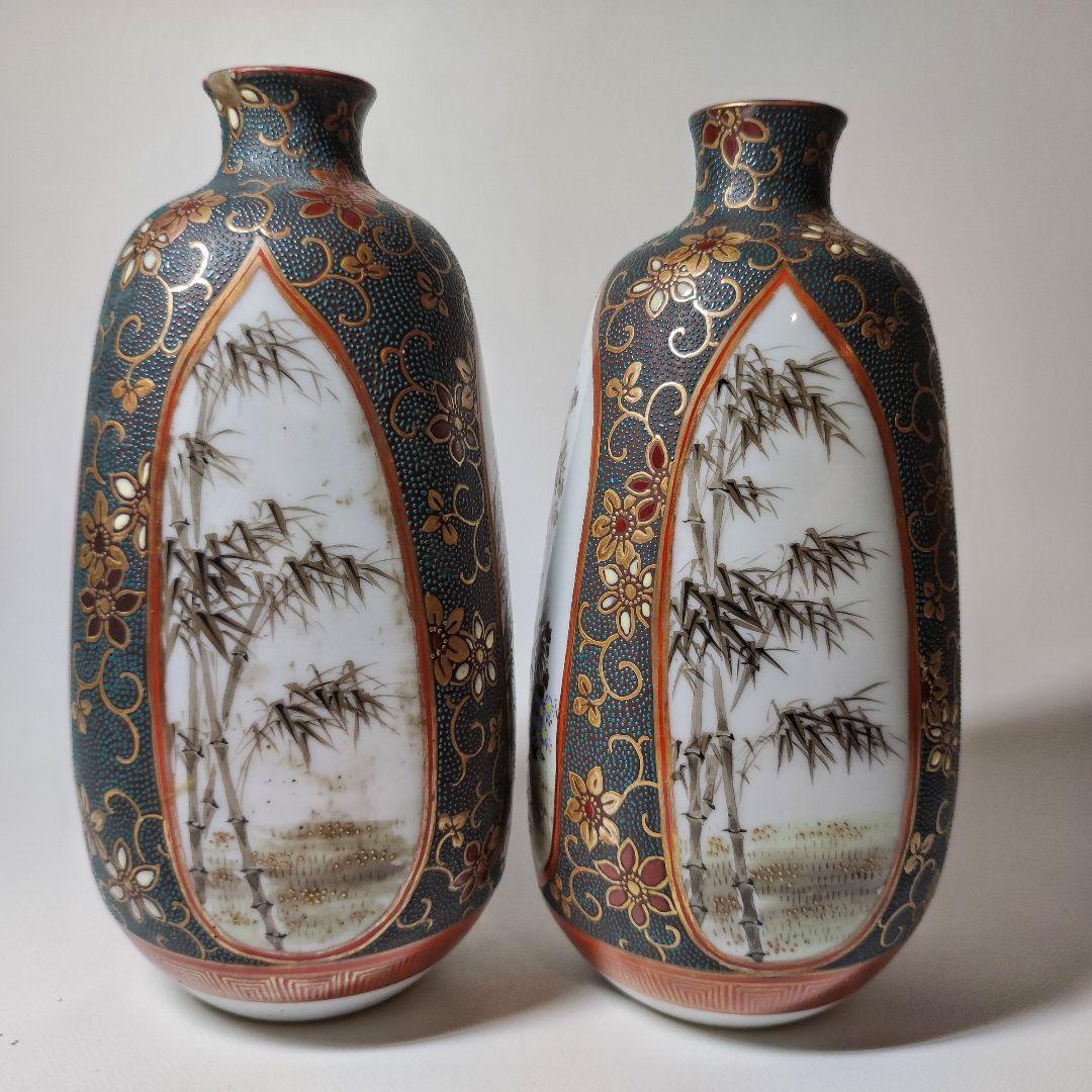 九谷焼　超細密金彩青粒手四君子図四方徳利　一対