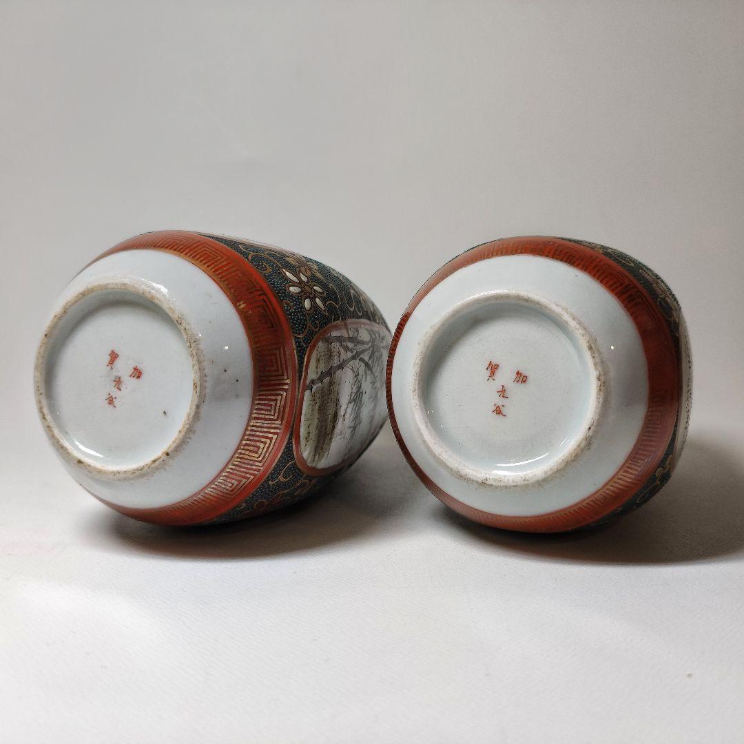 九谷焼　超細密金彩青粒手四君子図四方徳利　一対