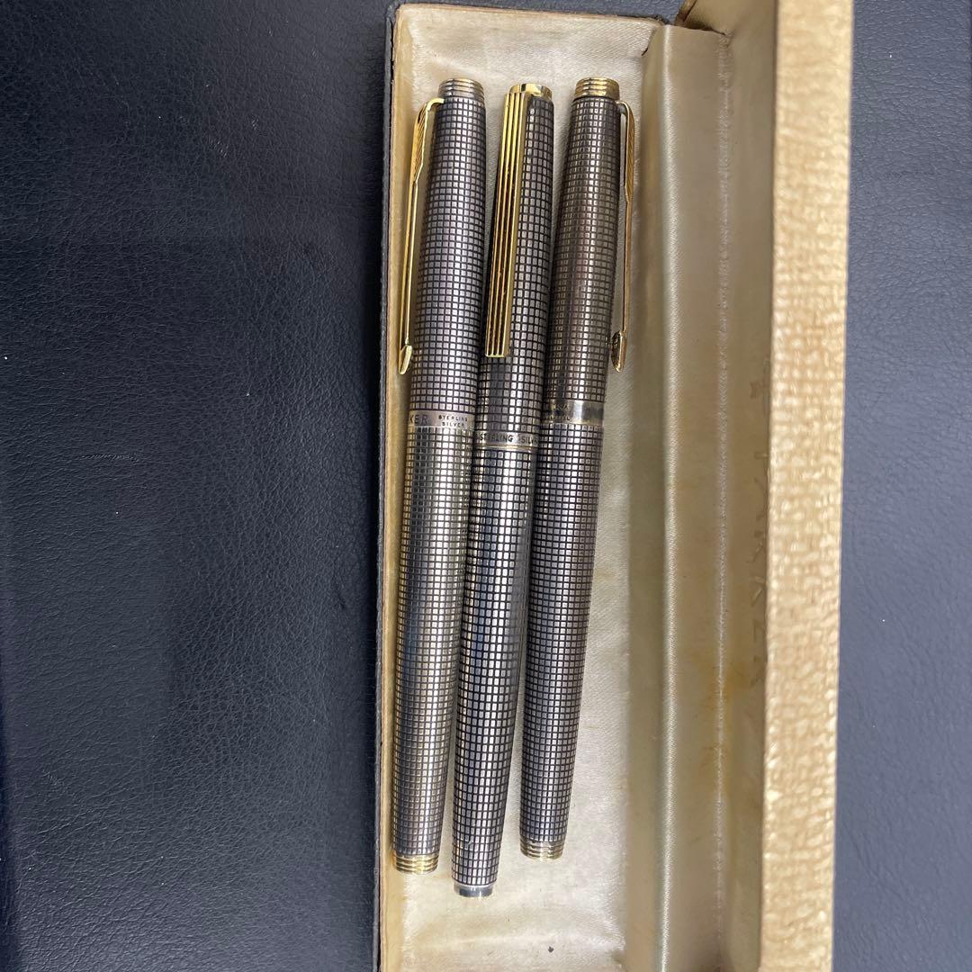 万年筆3本セット14金 ペン先・シルバー・ブラック チェック柄