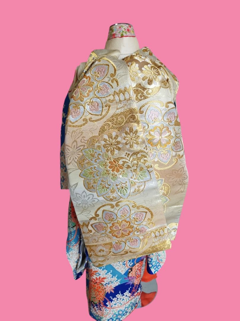 白金に華紋のだらりの帯☆作り帯