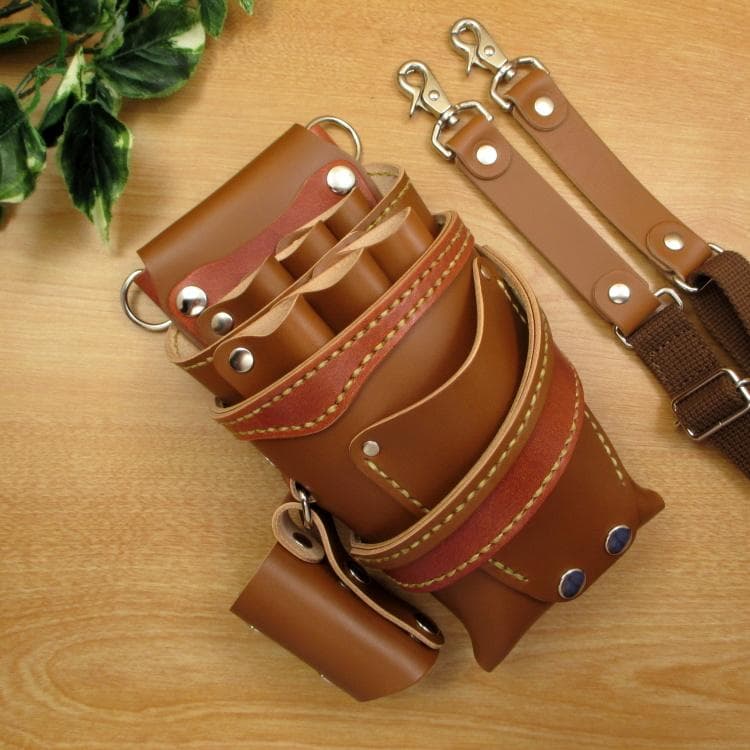 キャメル＆茶色　本革シザーケース＆ブラシケース　６丁差し　SCA-57/CCA