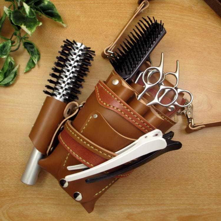 キャメル＆茶色　本革シザーケース＆ブラシケース　６丁差し　SCA-57/CCA