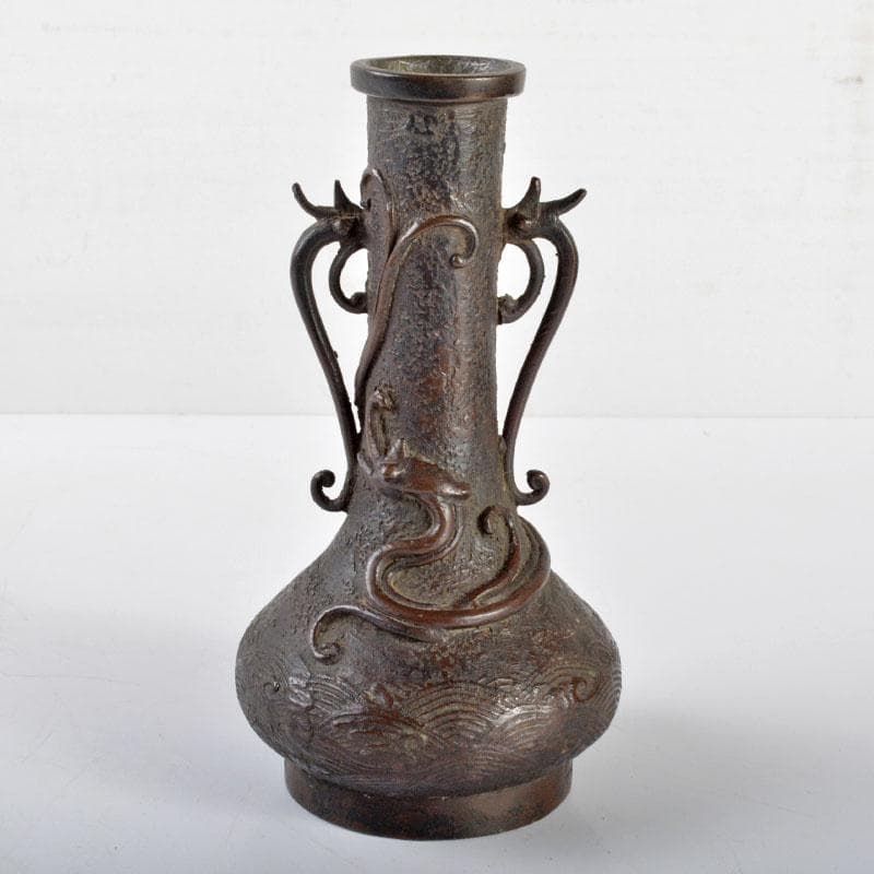 中国　古銅宣徳銅　龍波文　双耳瓶　D　R4706