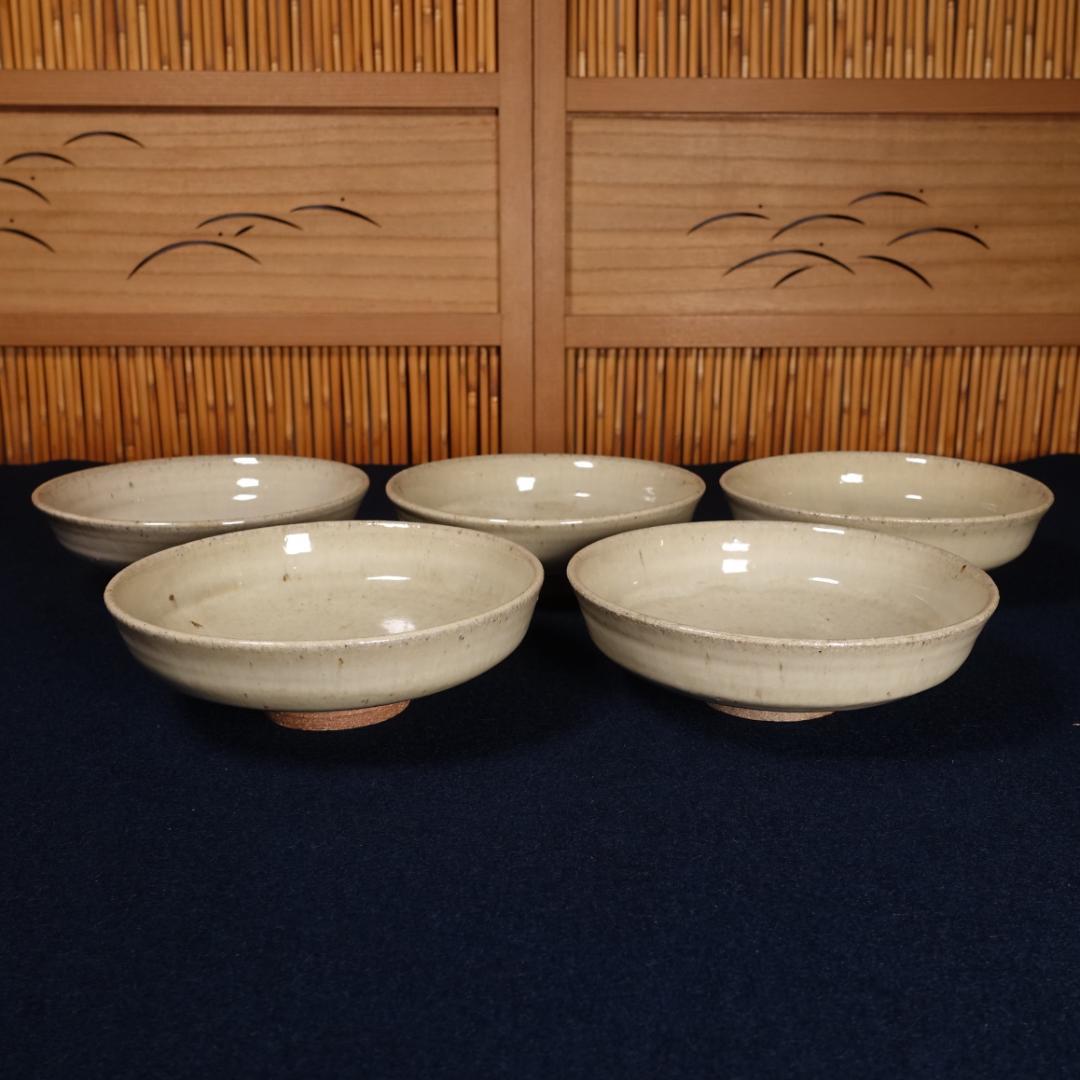 灰釉の釉調抜群 高鶴淳（父 高鶴元）薪窯 孟宗竹灰釉皿 平向付 5客 共箱