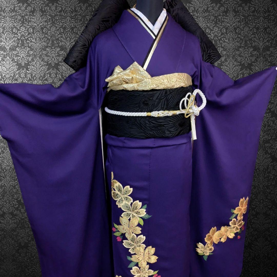 振袖フルセット(7点)・成人式・色無地振袖・高級縮緬・金刺繍・金彩加工・モダン