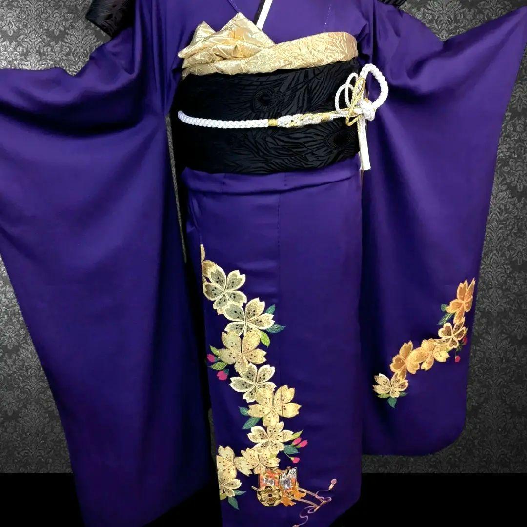 振袖フルセット(7点)・成人式・色無地振袖・高級縮緬・金刺繍・金彩加工・モダン