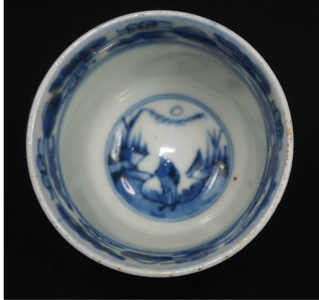 送料無料　江戸時代青華煎茶碗5客『成化年製』銘　木箱付　煎茶道具