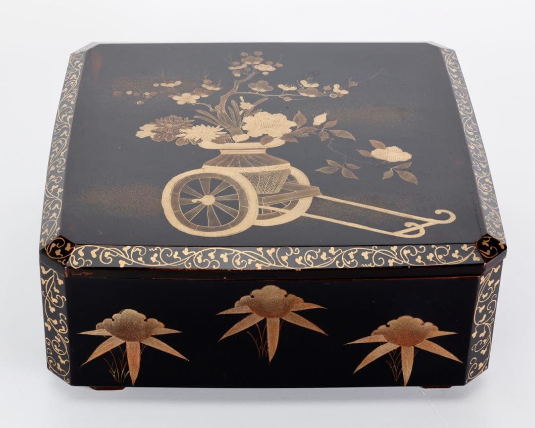 時代漆器 黒漆金蒔絵 花車文 ー段重箱 共箱付 菓子器 御節料理 古美術 骨董品