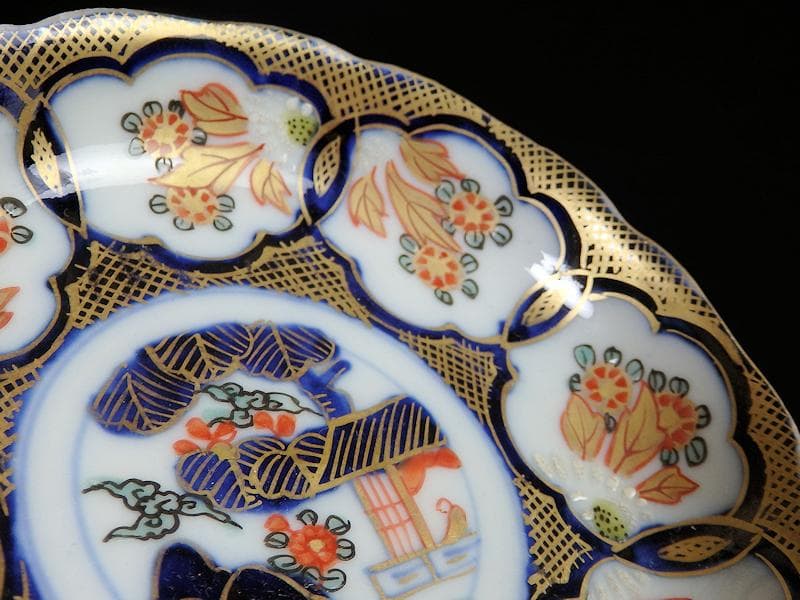 古伊万里　金襴手　陽刻　窓絵　花の図　４寸皿　４枚　E111AS-fblc