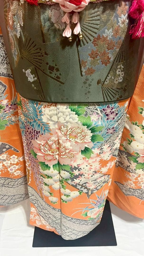 【美品】振袖フルセット成人式6点セット　オレンジ/緑/黒/ピンク/花柄/絞り柄