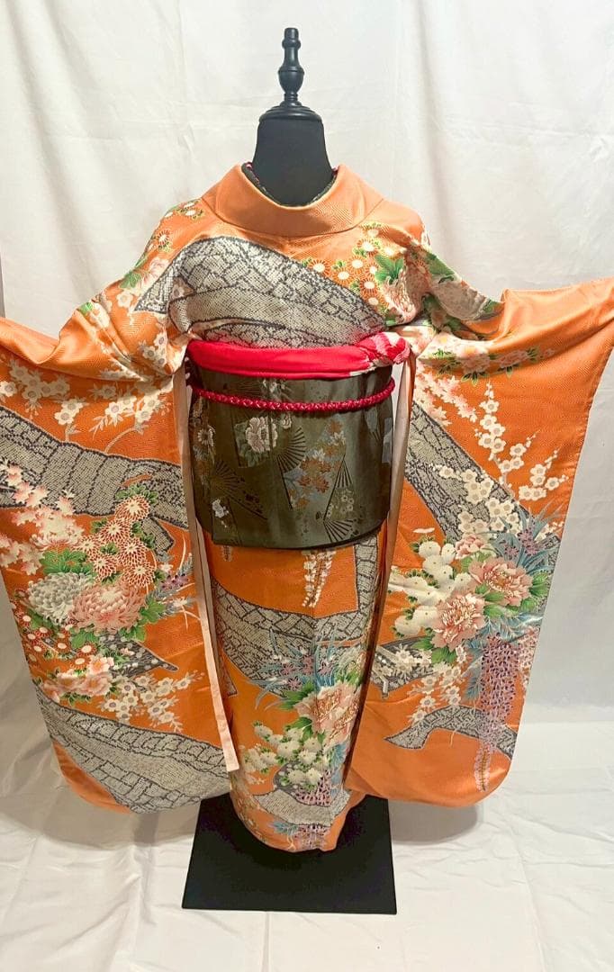【美品】振袖フルセット成人式6点セット　オレンジ/緑/黒/ピンク/花柄/絞り柄