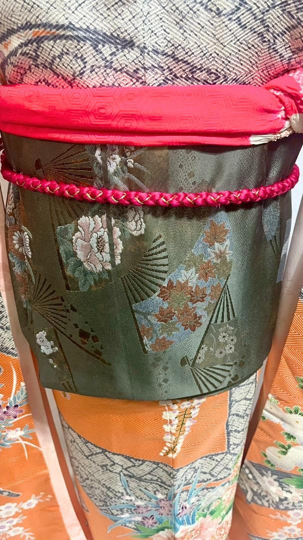 【美品】振袖フルセット成人式6点セット　オレンジ/緑/黒/ピンク/花柄/絞り柄