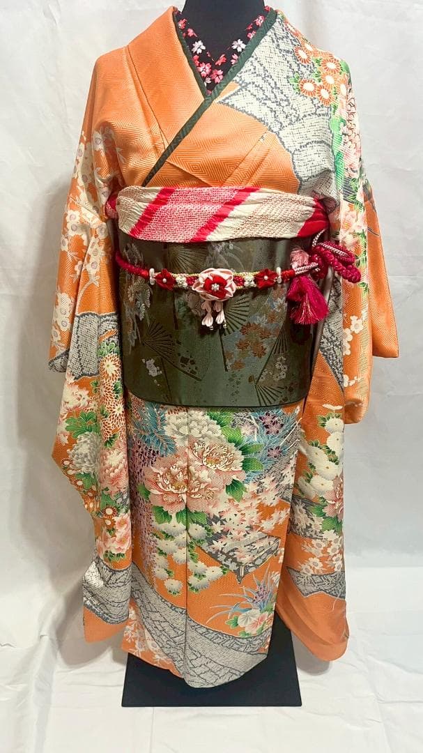 【美品】振袖フルセット成人式6点セット　オレンジ/緑/黒/ピンク/花柄/絞り柄