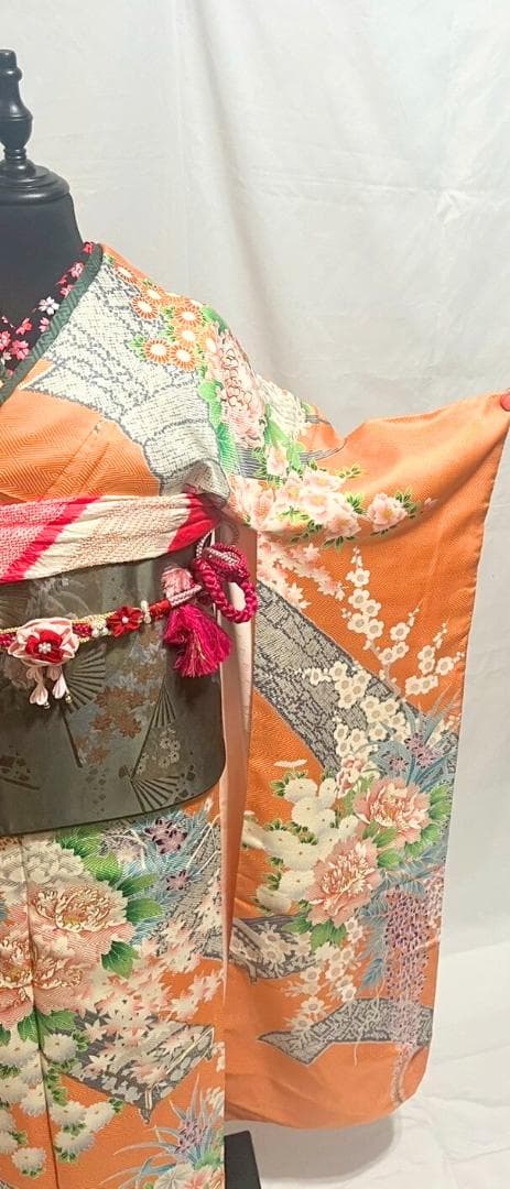 【美品】振袖フルセット成人式6点セット　オレンジ/緑/黒/ピンク/花柄/絞り柄