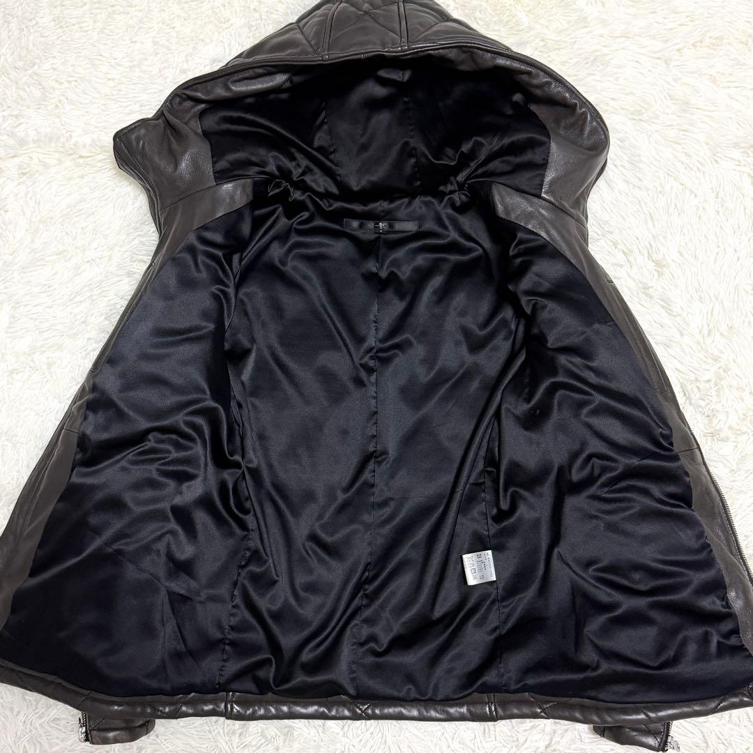 【良品】NO ID. ラムレザージャケット 羊革 キルティング フード ブラウン